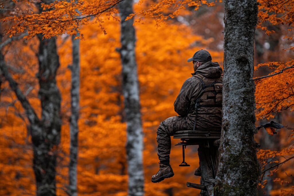 Hunter sitting on assembled tree stand.