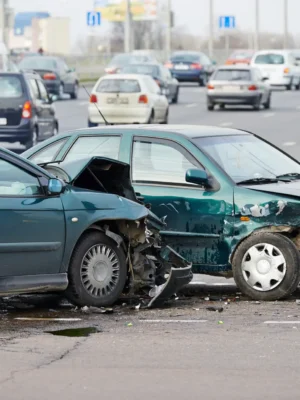 car crash accident on street, damaged automobiles after collision in city